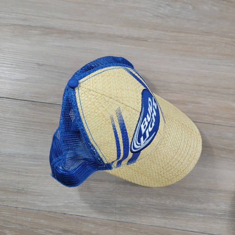 Bud Light Hat Beer Straw Trucker Cap Adjustable Blue Tan - Picture 2 of 8